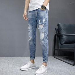 Men's Jeans TFETTERS 2023 Spring Summer Men Ripped Cropped Mid Rise Stretch Hip Hop Punk Pencil Pants Streetwear Party Clothing