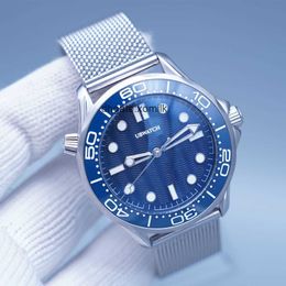 AA 60th Anniversary James Bond 42mm Automatic Mecheancal Ceramic Bezel Mens Watches Watch Blue Dial Stainless Steel Band Ceramic Rotatable Bezel Transparent Back