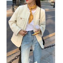 Womens Jackets Autumn Vintage Loose Tweed Jacket Women Elegant O Neck Long Sleeve Luxury Design Coat Chic Fringe Korean Black White Outerwear 230822