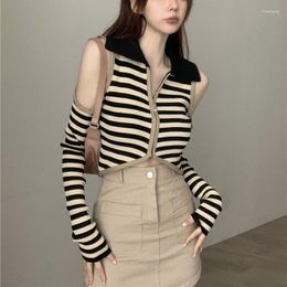 Women's Knits Gidyq Women Patchwork Cardigan Sweater Fashion Stripes Slim Long Sleeve Knitted Tops Casual Female Sexy Cropped Zipper Jacket