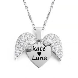 Strands Strings Personalized Women Chain Necklace Custom Engraved Heart Name Openable Crystal Wings Pendant Neklace Valentine Day Gift 230822