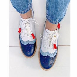 Dress Shoes British Women Pu Leather Mixed Colours Perforated Lace Up Oxfords Brogues Wingtips Saddle For Work Ladies Flats 230823