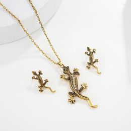 Necklace Earrings Set 2023 Fashion Vintage Alloy Gecko Lizard Animal Pendant For Women Personality Trend Jewelry Gift