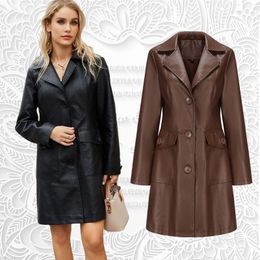 Womens Trench Coats Long sleeved Leather Coat Spring Autumn Sleeved Windbreaker Fashion Polo Collar Single breasted 230822