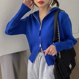 Womens Sweaters Crop Warm Hoodies Sweater Loose Casual Solid Zip Allmatch Chic Winter Fashion Long Sleeve Knitted Top Y2k 230822