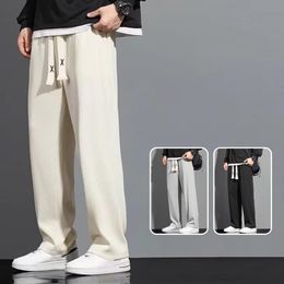 Men's Pants Men Casual Solid Color Drawstring Elastic Waist Loose Fit Long Trousers Straight Wide Leg Sports 230822