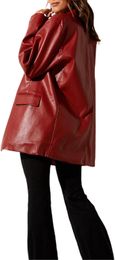 Women Leather Jacket Oversized Lapel Button Front PU Faux Leather Blazer Shacket Jackets Fall Winter Trench Coat