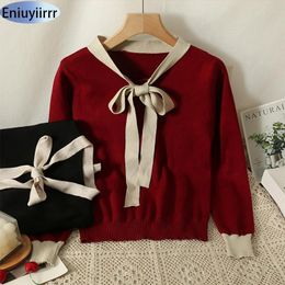 Womens Sweaters Autumn Winter Women Elegant Office Lady Work Knitting Tops Red Black Bow Tie Pullovers 230822