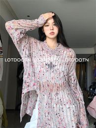 Womens Sweaters LOTDOOTN Pink Gothic Long Women Ripped Holes Loose Knitted Pullover Frayed Fairy Grunge Jumpers Y2K Thin Streetwear Top 230822