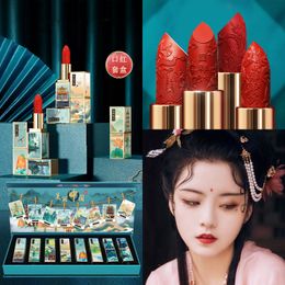 Lipstick 8Pc/Set Lipstick Classic Chinese Red Dress Gift Box Vintage Pure High Saturation Colourful Engraving Art Year Gift Makeup Set 230823