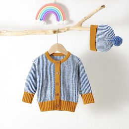 Pullover Baby Sweater Knitted born Girl Top Hat Fashion Stripe Pompom Infant Boy Clothing Cardigan Outerwear Long Sleeve Autumn 2PCS 230823