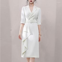 Women's Suits Harajuku Half Sleeve Long Blazer Dresses Women Solid Colour Korean Office Lady Midi Elegant Spring Summer Coats Jackets