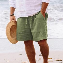 Men's Shorts Cotton Linen Pocket Lace Up Mens Beach Pants Casual Solid Colour Pantalones Cortos Gym Fitness Sports Bermuda