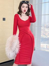 Casual Dresses 2023 Elegant Simple Sexy For Women Red Long Sleeve Midi Bodycone Skinny Femme Clothes Party Street Club Female Vestidos