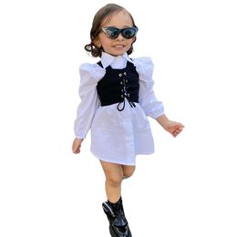 Clothing Sets Kids Baby Girl Clothes Autumn Outfits Solid Color Two piece Long Sleeves Lapel White Shirt Dress Tied Cross Strap Waistcoat 1 6Y 230823