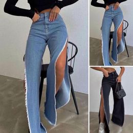 Women's Jeans Women Loose Side Split High Waist Ripped Solid Color Clubwear Denim Cargo Wide Leg Pants Female Clothes