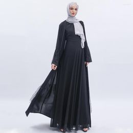 Ethnic Clothing 2023 Muslim Women's Tops Fashion Middle Eastern Arab Slim Robe Cardigan Luxury Black Pearl Chiffon Mesh Long Dresses