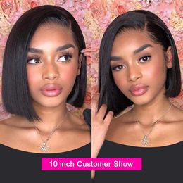 220%density Lace Part Short Straight Brazilian Remy Human Hair Wigs for Black Women Bob Wig Side Part Pre Plucked Natural Black Color