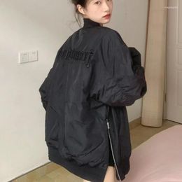 Women's Jackets HOUZHOU Vintage Black Bomber Jacket Women Gothic Oversize Korean Fashion Streetwear Japanese Y2k Embroidery Casual Coats