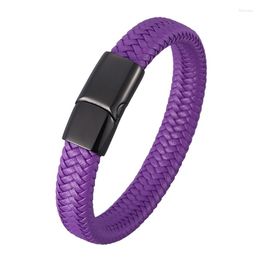 Charm Bracelets Simple Purple Braided Leather Rope Bracelet For Men Women Bangle Steel Magnet Clasp Weave Wristband Valentine's Day Gift