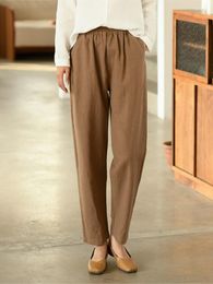 Women's Pants Retro Women Cotton And Linen 2023 Summer Elastic Waist Pocket Slim-type Ankle-Length Trousers