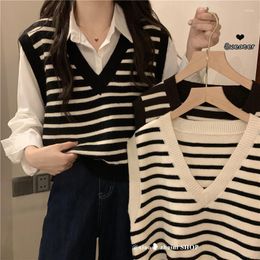 Women's Vests Y2k Striped Sweater Vest Female Spring Fall Women Fashion Chic V-Neck Sleeveless Knitwear Girl Casual Preppy Sweaters Tops