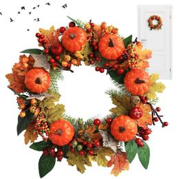 Decorative Flowers Autumn Door Wreath Harvest Pumpkin Maple Fall 3D With Leaves Pumpkins Berries For Front Thanksgiving