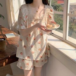Women's Sleepwear Strawberry Women Pyjamas Shorts Sets Korean Style Pijama Loungewear Summer Two Piece Set Night Wear Bow Cute Home Suit