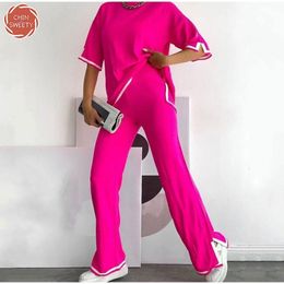 Women s Suits Blazers 2023 Spring Two Piece Set Summer Short Sleeve Knitted Sweater Tops And Pants Matching Tracksuit Fashion 230823