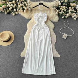Casual Dresses Fashiona Chic Slim White Midi Party Dress Women's Sexy Hollowed Out Flower Design Backless Sleeveless Sling Summmer 2023