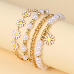 Strand Vintage Daisy Flower Metal Bracelet Set For Women Girl Boho Imitation Pearl Beads Wrap Jewelry Travel Beach Friend Gift