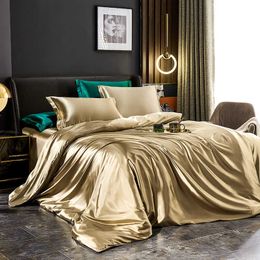 Bedding sets Solid Mulberry Silk Bedding Set with Duvet Cover Bed Sheet cases Luxury Satin Single Double Bedsheet Twin Size