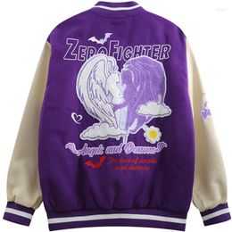 Men's Jackets Love Embroidery Contrast Stitching Baseball Uniform Colour Matching Varsity Jacket Street Trend Autumn Loose Purple