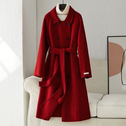 Womens Wool Blends Doublesided Cashmere Coat Mid length AutumnWinter High end Lace up Pure 230822