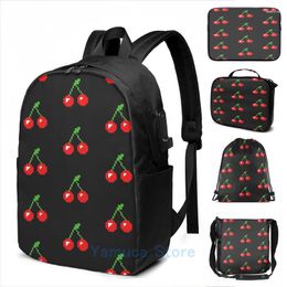 Backpack Funny Graphic Print Pixel Cherries USB Charge Men School Bags Women Bag Travel Laptop