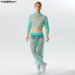 Men s Tracksuits Fashion Casual Style Men Sets INCERUN See through Mesh Pleated Hooded Long Sleeved Tops Pants Sexy Thin Suit 2 Pieces S 5XL 2023 230823