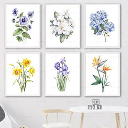 Watercolor Flowers Plant Posters Blue Iris Hydrangea Floral Canvas Painting Prints Wall Art Pictures Living Room Famale Bedroom Home Decor Gift No Frame Wo6