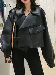 Womens Leather Faux Sungtin Women Jacket Soft Loose Vintage Biker Coat Short Pockets Motor PU Black Autumn Street 230822