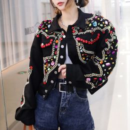 Womens Jackets Luxury Diamonds Beaded Denim Jacket Rhinestones Sequins Jeans Coat Autumn Short Crystal Rivets Cardigan Chaqueta Streetwear Tops 230822