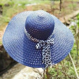 Wide Brim Hats Cap Women Beach Hat Foldable Sunshade Dome Big Eave Woven Bow Tie Ribbon Anti-UV Straw Outdoor