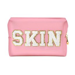 Cosmetic Bags Cases Chenille Letter Preppy Patch Makeup Bag Cosmetic Pouch Waterproof Zipper Skincare Toiletry Travel Organizer for Women Teen Girls 230822