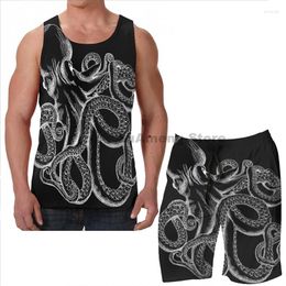 Men's Tracksuits Summer Funny Print Men Tank Tops Women Octopus White Line Art Beach Shorts Sets Fitness Vest