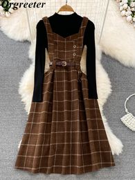 Two Piece Dress High Quality Fall Winter Women Sweater Overalls Sets Casual Knitted Tops Plaid Woolen 2 Outfits Female 230823