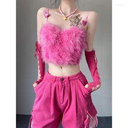 Women's Two Piece Pants Y2K Women Sexy Two-piece Cute Plush Vest Sleeveless Mini Short T-shirt Tie Dyed High Waist Pink Button Cargo Long