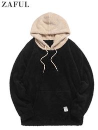 Men's Hoodies Sweatshirts Hooded Hoodie for Men Faux Fur Fluffy Sweatshirts Colorblock Streetwear Pullover Fall Winter Jumper with Kangaroo Pocket 230822