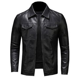 Herrgravrockar herrmotorcykel skinnjacka stor storlek ficka svart dragkedja lapel smal passande manlig fjäder och höst hög kvalitet pu kappa m-5xl 230822