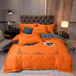 Bedding Sets 2023 Long-staple Cotton Stitching Embroidery Plain Color Four-piece Bed Linen Light Luxury Style Orange