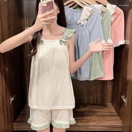 Women's Sleepwear Bow Sweet Kawaii Set Woman 2 Pieces Pajamas Summer Sleeveless Pajama For Women Womens Outfits Pyjamas Sets