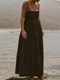 Casual Dresses Folds Drawstring Black Maxi Dress 2023 Summer Women Fashion Elegant Lace-up Sleeveless Vestidos Simple Female