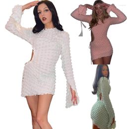 Casual Dresses Womens Elegant Long Sleeve Short Dress Crewneck Drawstring Hollow Waist Mini Cocktail Clubwear